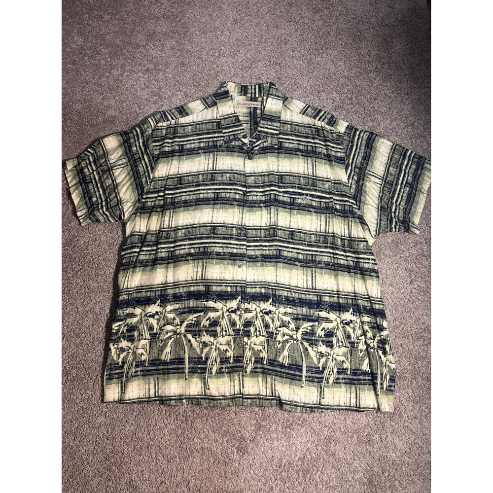 Munsingwear Mens XXL Tropical Palm Tree Rayon Button Down Shirt Green Stripe Y2K